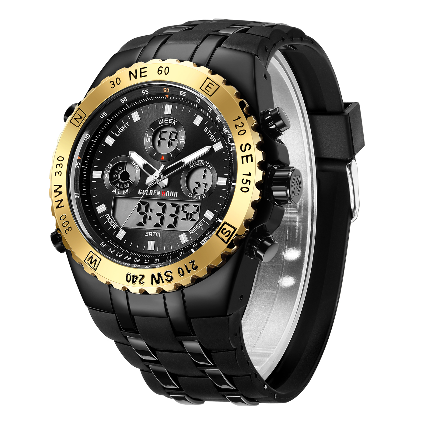 GOLDEN HOUR GH-124-G-B Mens Big Face Digital Analog Watches