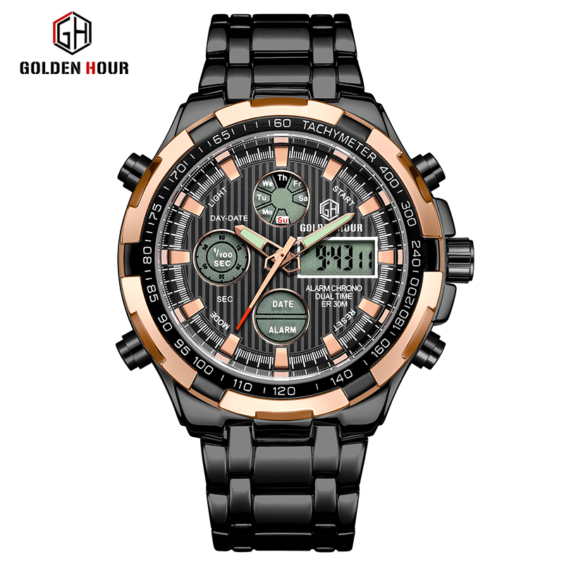 GOLDEN HOUR GH-108-RG-B Mens Stainless Steel Digital Analog Watches ...