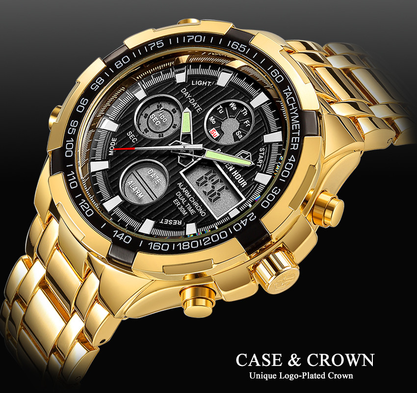 GOLDEN HOUR GH-108-G-B Mens Stainless Steel Digital Analog Watches ...