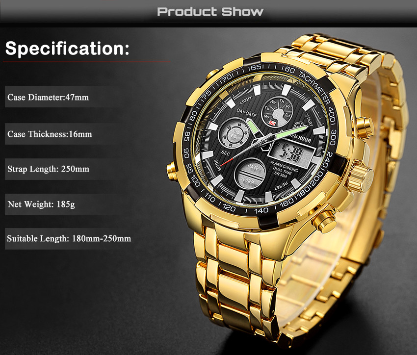 GOLDEN HOUR GH-108-G-B Mens Stainless Steel Digital Analog Watches ...